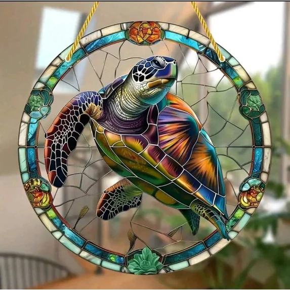 Colorful Turtle Suncatcher | Water Ripple Acrylic | Indoor Outdoor Window Hanger | Sea Turtle Decor Gift