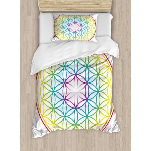 Colorful Twin Size Duvet Cover Set, Flower of Life Pattern Radiant Colors Cosmic Dimension Space Forms Artful Print, Decorative 2 Piece Bedding Set with 1 Pillow Sham, Multicolor, by Ambesonne