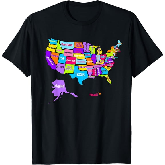 Colorful US Map with states names, United States USA T-ShirtMen and women, Black T-shirt, size: Extra large