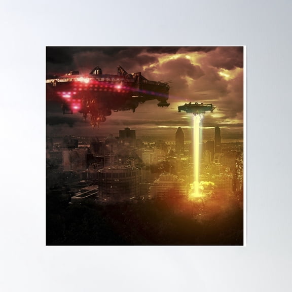 Colorful Ufo Spaceships Over City Poster Wall Art, Modern Wall Decor For Living Room Bedroom, 24x24 UNFRAMED