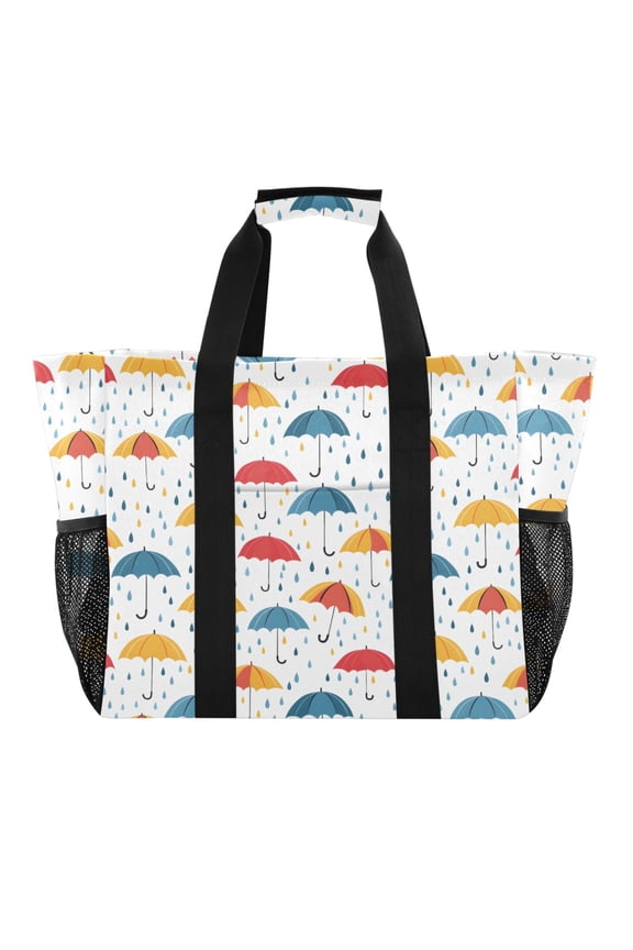 Colorful Umbrellas and Rain Drops Reusable Grocery Bags with Handle Side Pocket Waterproof Shopping Portable Tote