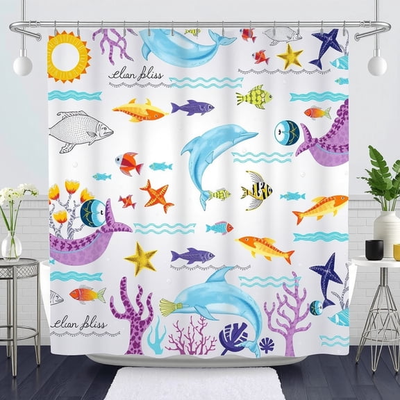 Colorful Underwater Theme Shower Curtain with Dolphins Fish & Waves - "Elan Bliss" - White & Silver
