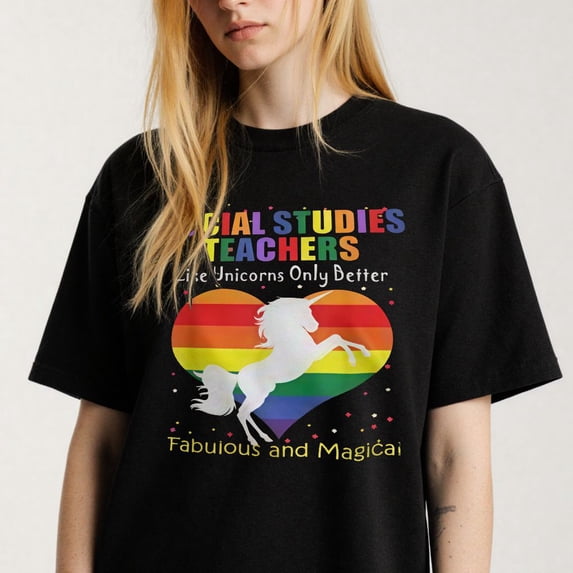 Colorful Unicorn Heart Graphic for Social Studies Teachers Funny Magical Casual Tee print T Shirt