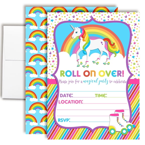 Colorful Unicorn Rainbow Roller Skating Birthday Invitations for Kids, 20 Fill-In Cards with Envelopes, 5x7 Children's Party Invitations, Birthday Party Supplies, Made in USA by Amanda Creation