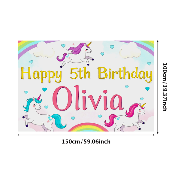 Colorful Unicorn Themed Happy 5th Birthday Backdrop Banner for Olivia Party Decorations Photography Props Birthday Party Supplies Background Decor