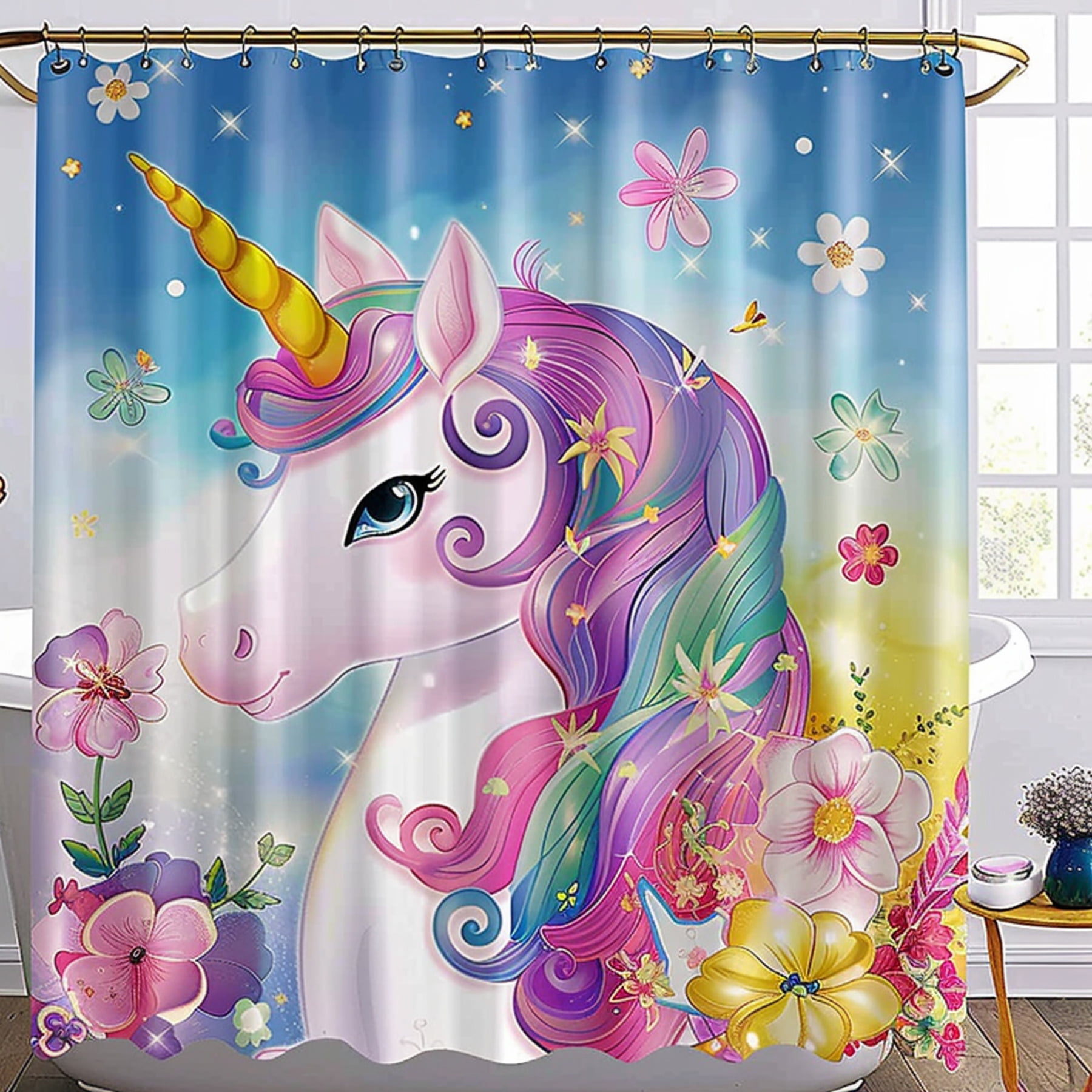 Colorful Unicorn and Flower Shower Curtain Vibrant and Whimsical Bathroom Decor Unique Design ...