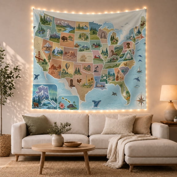 Colorful United States Map with Cartoon Landmarks and Animals, Playful Illustration for Kids, Geography Wall Art Decor, Back to School Gift, Tapestry Wall Hanging for Bedroom and Playroom
