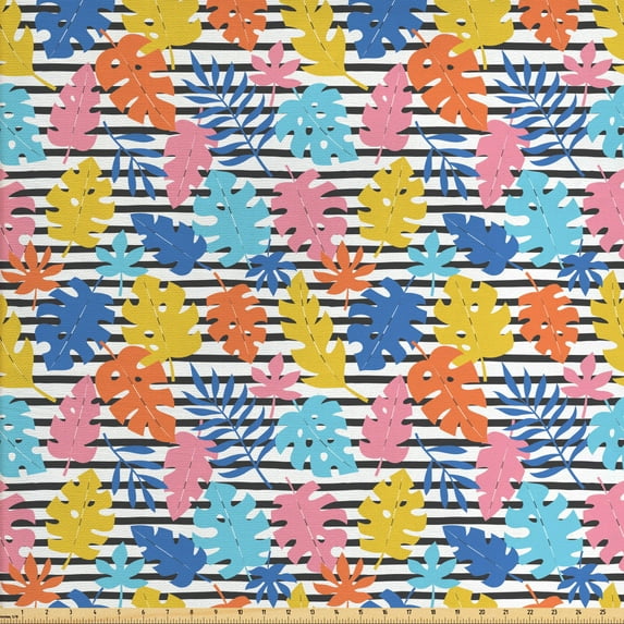 Colorful Upholstery Fabric by the Yard, Pastel Colored Tropical Leaves Hawaiian Jungle Foliage on Black and White Stripes, Decorative Fabric for DIY and Home Accents, Multicolor by Ambesonne