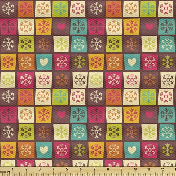 Colorful Upholstery Fabric by the Yard, Square Frames with Inner Flowers Snowflakes Hearts Branches Pattern, Decorative Fabric for DIY and Home Accents, Multicolor by Ambesonne