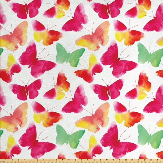 Ambesonne Animal Fabric by the Yard Upholstery, Watercolor Butterflies, 3 Yards, Fuchsia Green