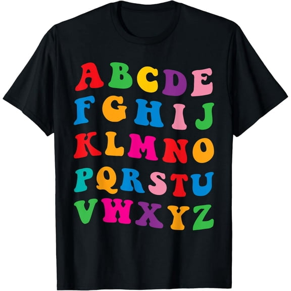 Colorful Uppercase Letters Alphabet learn ABCs Letters T-Shirt men and women can wear, black, white, gifts