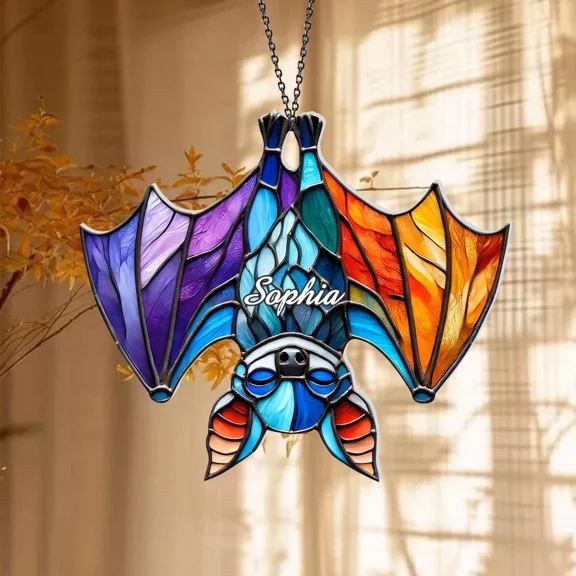Colorful Upside Down Bat Acrylic Suncatcher Window Hanging Decor Halloween Tree Design