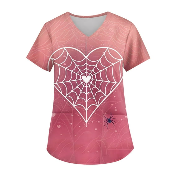 Colorful Valentine's Day Heart Print V-Neck Caregiver Top - Women's Short Sleeve Uniform with Pocket, Festive Fashion Top for Work & Celebrations