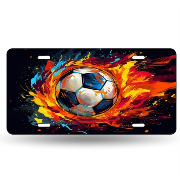 Colorful Vector Illustration Of Soccer Ball On Fire Decorative Signboard, Decorative Metal Plate with 4 Holes, 6x12inch Artistic Plate Frame