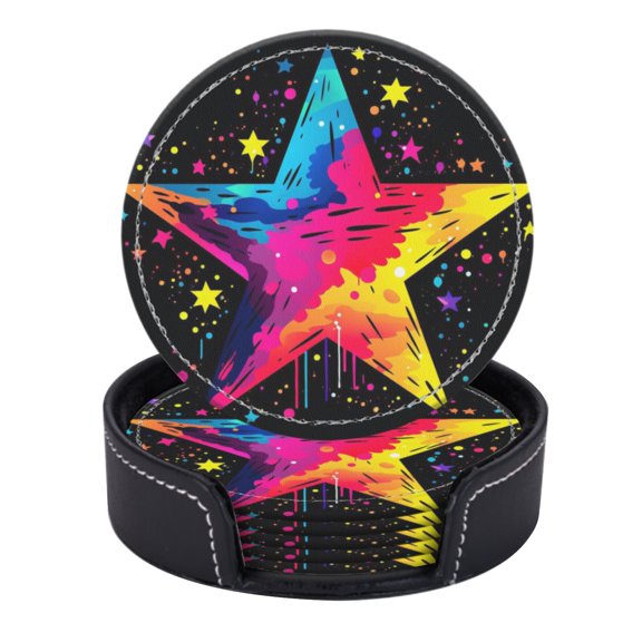 PU Leather Coasters for Drinks Bar Beer,Set of 6 with Holder,Round Housewarming Gift,Colorful Vector Illustration Of Vibrant Star On Black Background