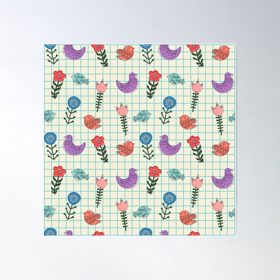 Colorful Vector Seamless Pattern With Ethnic Hand Drawn Spring Flowers And Birds In A Checkered Notebook Poster Wall Art, Modern Wall Decor For Living Room Bedroom, 24x24 UNFRAMED