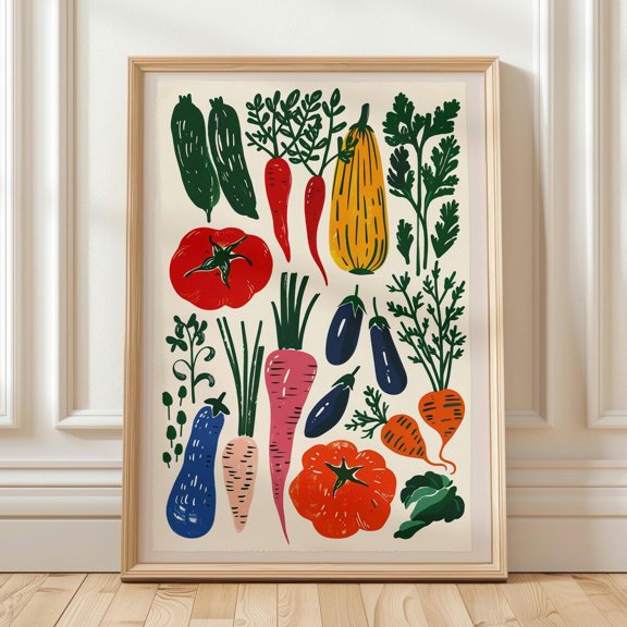 Colorful Vegetable Kitchen Folk Food Botanical Linocut Style Cottagecore Dining Poster Unframed Paper Print