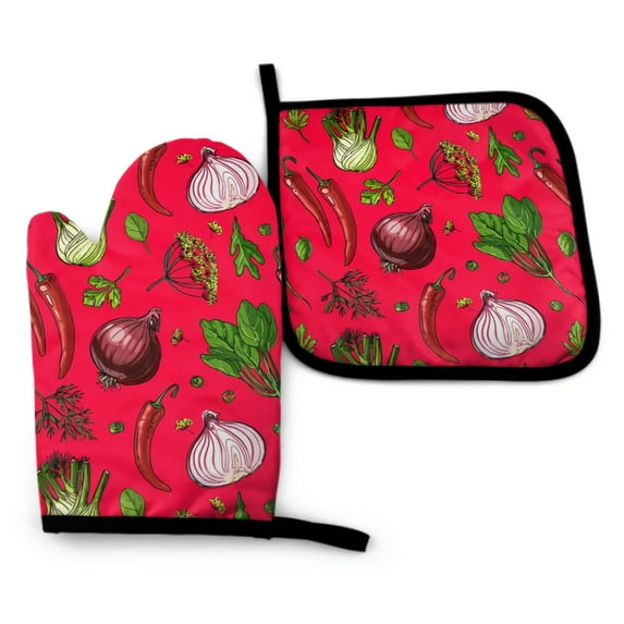Colorful Vegetables Oven Mitt and Pot holder Set Heat Resistant Non Slip Kitchen Gloves with Inner Cotton Layer for Cooking BBQ
