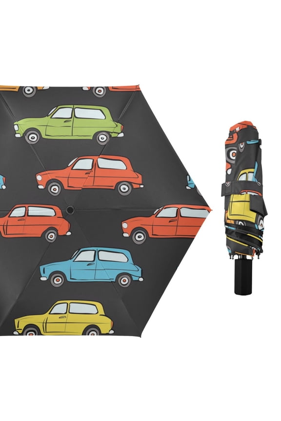 Colorful Vehicles All Weather Umbrella Triple Folding Parasol 6 Ribs UV Protection Portable