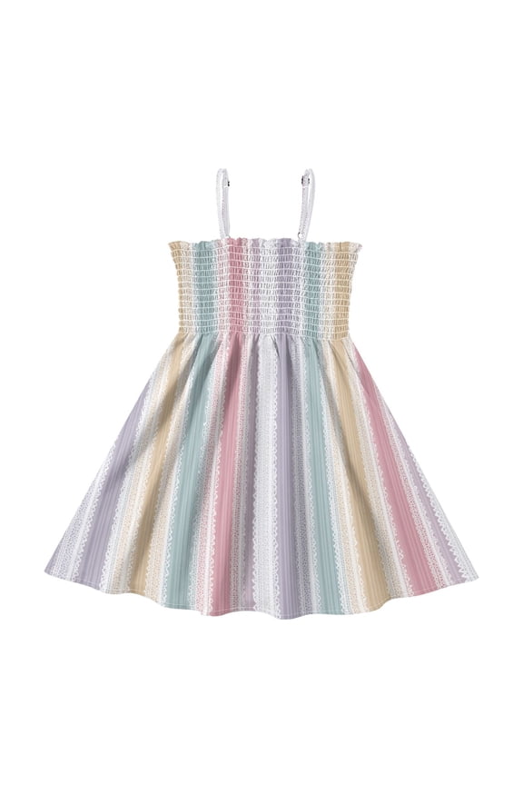 Colorful Vertical Stripes with White Lace Girl's Adjustable Cami Dress Casual Sundress Smocked Ruffle A-Line 7-8Y