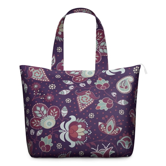 Colorful Vibrant Indian Tribal Paisley Tote - Zippered Pocket & Side Compartments