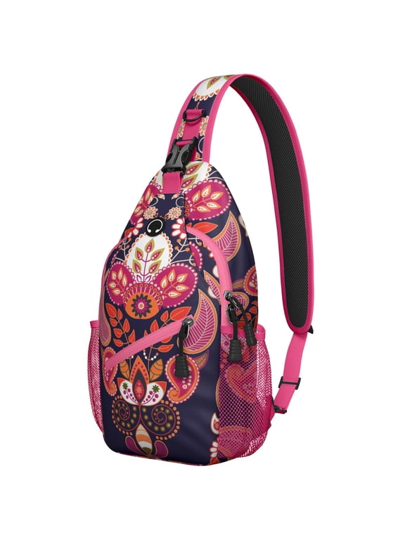 Colorful Vibrant Paisley Sling Bag - Tribal Ethnic Design Chest Bag - Anti-Theft Travel Daypack for Men & Women