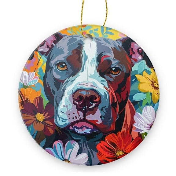 Colorful Vibrant of Pitbull Dog Surrounded By Flowers - Christmas Ornament Xmas Keepsake Ceramic Ornaments Holiday Decorations for Tree Christmas Gift Ideas 2.95in