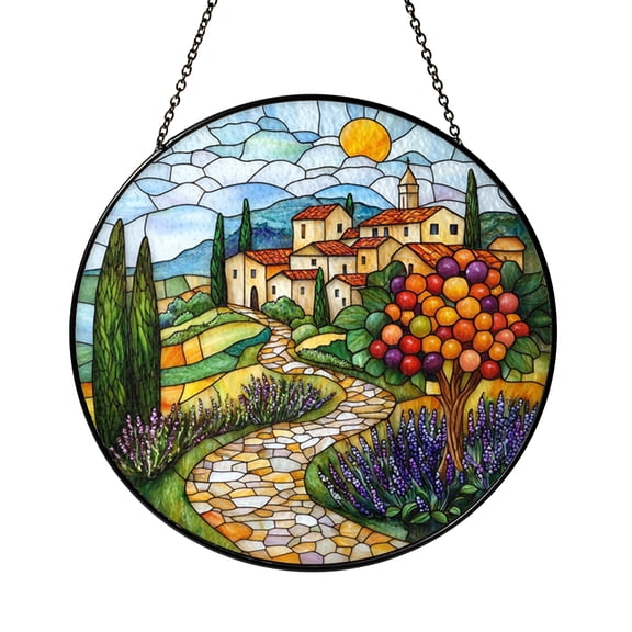 Colorful Village Landscape Stained Glass Panel – Picturesque Rural View, Fruit Tree and Cobblestone Path Design, Beautiful Window Display for Home