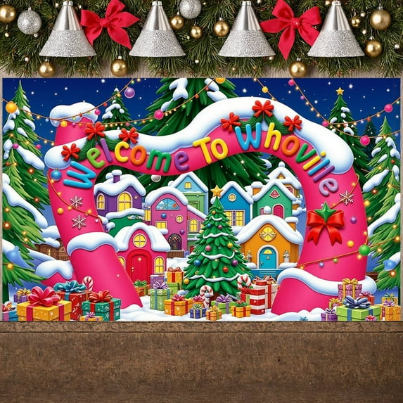 Colorful Village Welcome Whoville Banner Christmas Tree Holiday Backdrop Gift Boxes Snowy Scene Festive Background for Christmas Party Holiday Decoration Photo Shoot