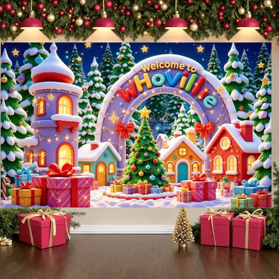 Colorful Village Welcome Whoville Banner Christmas Tree Holiday Backdrop Gift Boxes Snowy Scene Festive Background for Christmas Party Holiday Decoration Photo Shoot