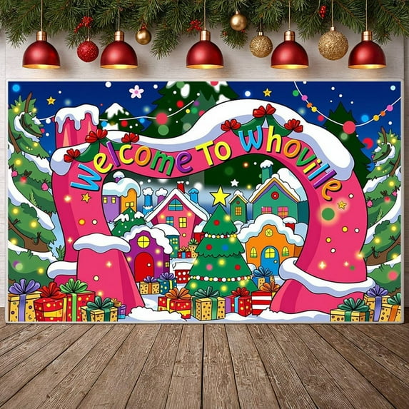 Colorful Village Welcome Whoville Banner Christmas Tree Holiday Backdrop Gift Boxes Snowy Scene Festive Background for Christmas Party Holiday Decoration Photo Shoot