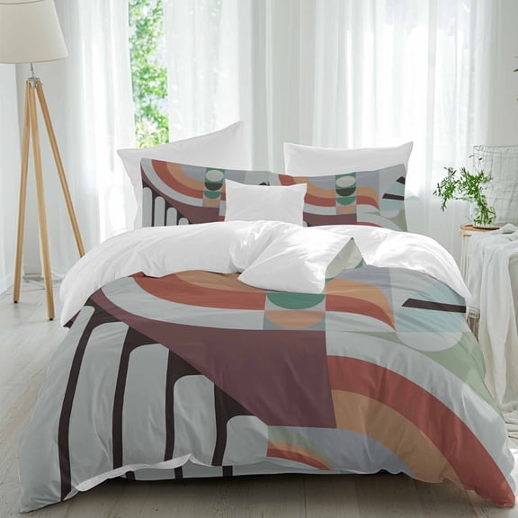 Colorful Vintage 4 Piece Duvet Cover Set Queen Size Mid-Century Abstract Patchwork Soft Bedding Set Comforter Cover, 1 Duvet Cover 1 Flat Sheets and 2 Pillowcases
