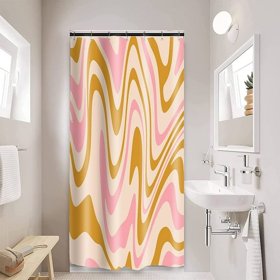 Colorful Vintage Abstract Art Shower Curtain,Pink Gold 70s Aesthetic Bathroom Shower Curtains Sets,Bright Funky Groovy Bath Curtain with12 Hooks 72x72in,Waterproof Fabric