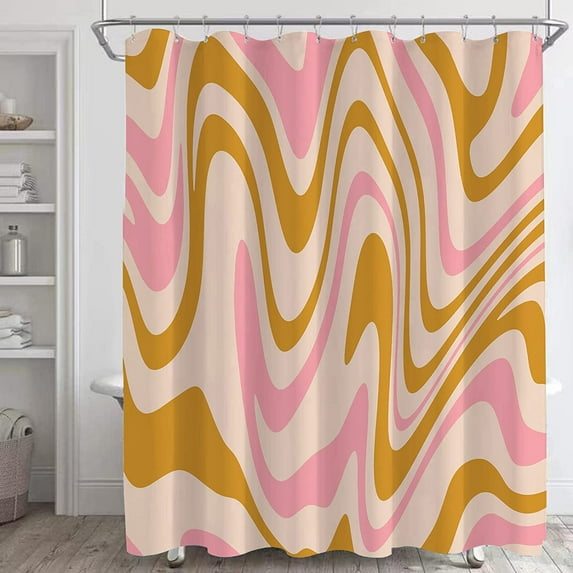 Colorful Vintage Abstract Art Shower Curtain,Pink Gold 70s Aesthetic Bathroom Shower Curtains Sets,Bright Funky Groovy Bath Curtain with12 Hooks 72x72in,Waterproof Fabric