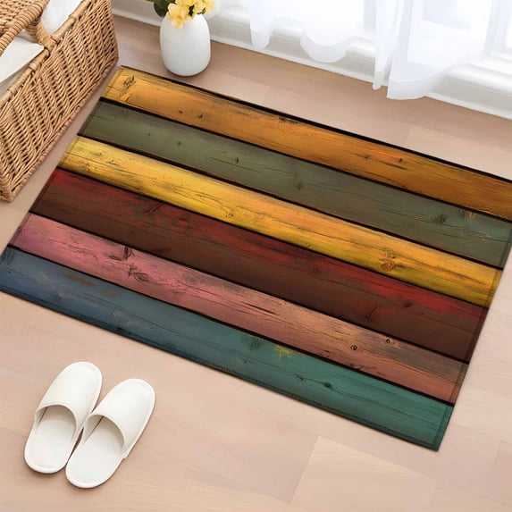 Colorful Vintage Bathroom Mats 2x3 FT, Non Slip Small Kitchen Mat, Vintage Wooden Farmhouse Washable Soft Backed Front Door Throw Rugs Non-Shedding Indoor Outdoor Doormat for Entryway Sink
