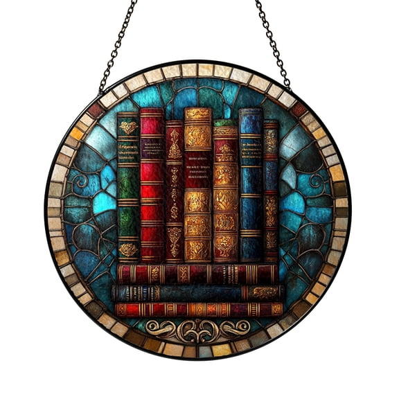 Colorful Vintage Books Stained Glass Window Art, Library Inspired Decor for Warm Cozy Interiors