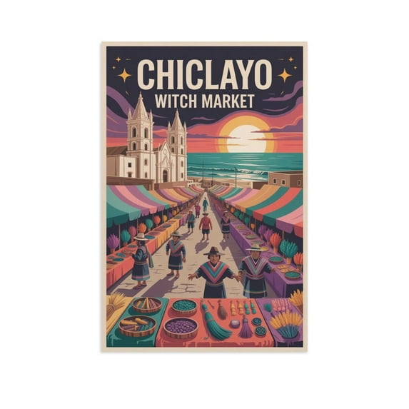 Colorful Vintage City Travel Poster of Chiclayo Peru with Herbs And Talismans Canvas Poster