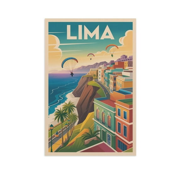 Colorful Vintage City Travel Poster of Lima Peru with Paragliders And Palm Trees Canvas Poster