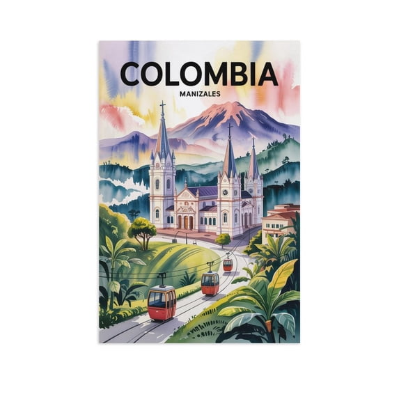 Colorful Vintage City Travel Poster of Manizales with Bold Buildings And Local Culture Print Poster