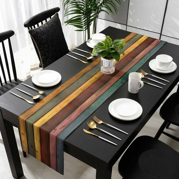 Colorful Vintage Cotton Linen Table Extra Long Runner 13 x 120 inch Vintage Wooden Farmhouse Non-slip Rectangular Dining Table Decor for Wedding Party Holiday Dinner