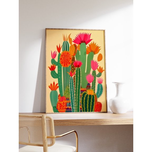 Colorful Vintage Mexican Cactus Art Print - Cultural Floral Poster without Frame