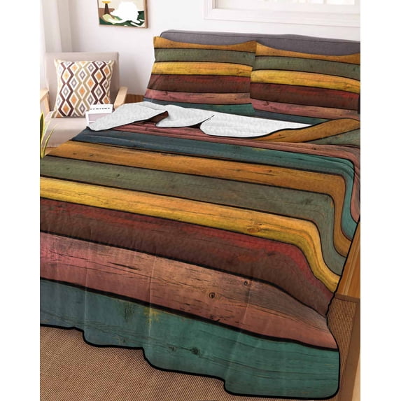 Colorful Vintage Queen Size Down Alternative Comforter, Lightweight Comforter Quilt Bedding Set with Pillow Shams Vintage Wooden Farmhouse All Seasons Bed Comforter Duvet Insert 90"x96"