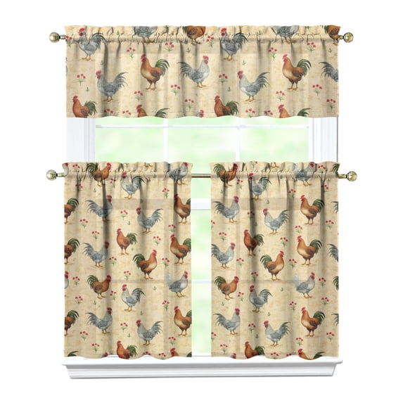 Colorful Vintage Rooster1(1) Kitchen Curtain Valance 3 Piece Home Curtains and Valance Set Curtain Sink Window Decor Window Treatment Tier 27.5x36 Length
