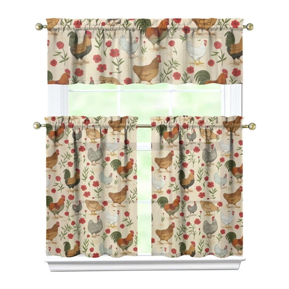 Colorful Vintage Rooster2(1) Kitchen Curtain Valance 3 Piece Home Curtains and Valance Set Curtain Sink Window Decor Window Treatment Tier 27.5x36 Length