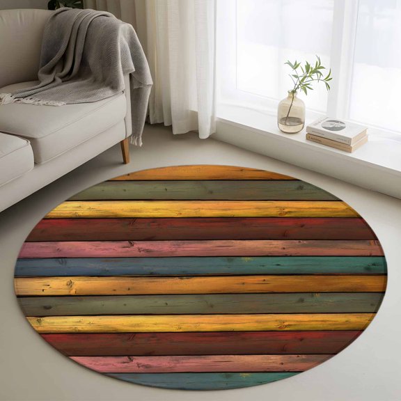 Colorful Vintage Round Area Rug 3.3 FT, Non Slip Small Entryway Kitchen Mat, Vintage Wooden Farmhouse Washable Soft Circular Rug Non-Shedding Door Mat for Bathroom Playroom Kids Room