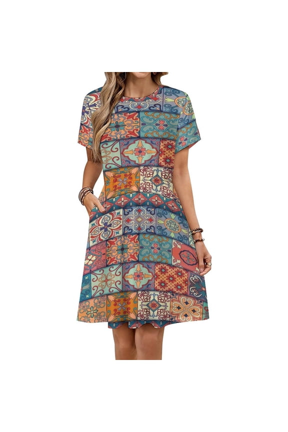 Colorful Vintage Seamless Pattern with Floral And Mandala Elements Women's Dress Short Sleeve Summer Sundress Summer Women Clothes