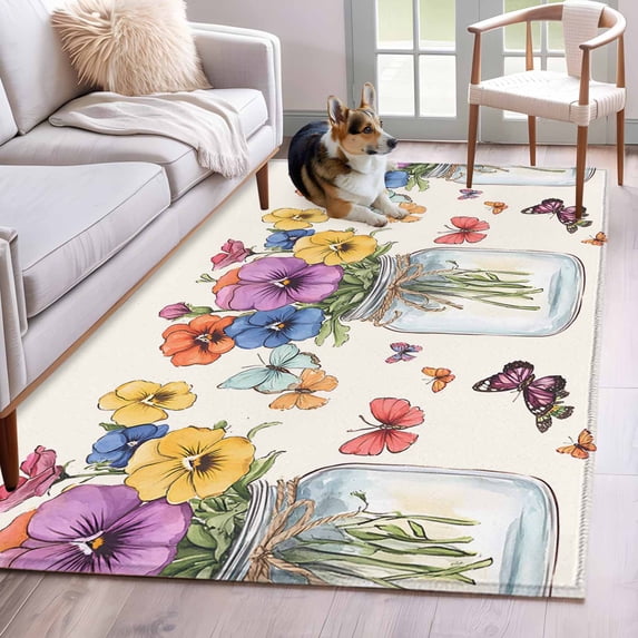 Colorful Vintage Watercolor Flowers Washable Area Rug 2.7 x 5 ft Independence Day, Soft Non Slip Rugs Stain Repellent Indoor Felt Carpet for Living Dining Room Bedroom Home Office