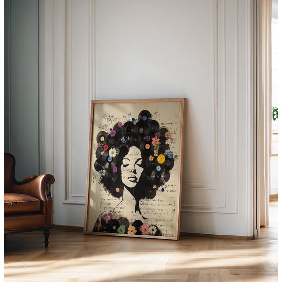 Colorful Vinyl Record Art Print with Floral Design, Afro Woman Wall Art, Retro Music Home Decor, Unique Boho Artwork for Living Room