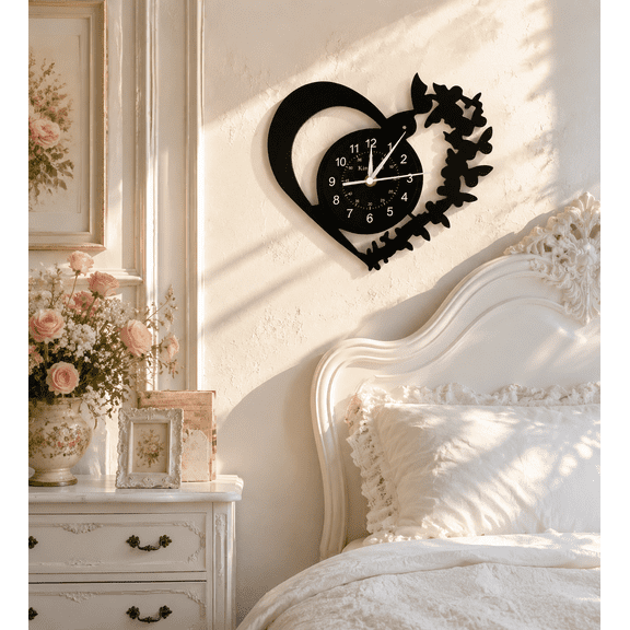 Modern Heart Vinyl Record LED Wall Clock - 7 Color Changing Night Light with Remote, Silent Battery Operated Hanging Clock for Bedroom, Living Room & Unique Wall Art