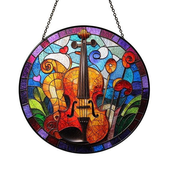 Colorful Violin Stained Glass Suncatcher Window Hanging Decor, Musical Instrument Art Glass Panel with Abstract Music Design, Music Inspired Decorative Window Ornament for Music Lover Home Gift